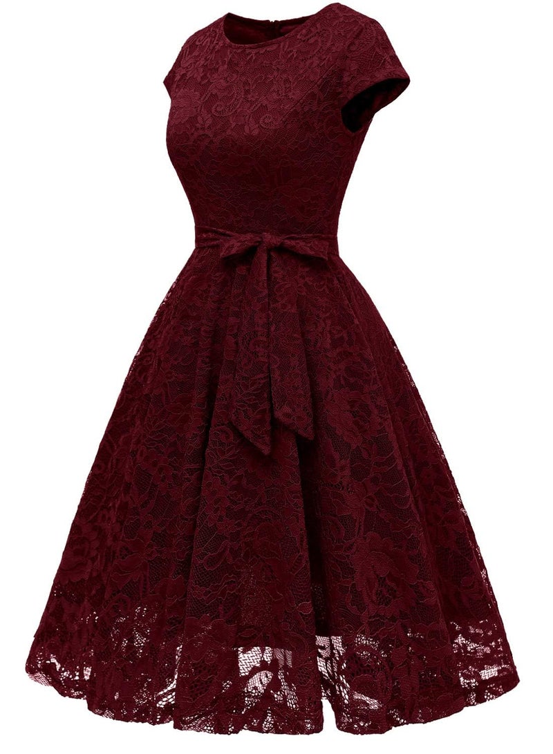 MUADRESS Women Cap-Sleeve Lace Floral Elegant Cocktail Dress Crew Neck Knee Length Bridesmaid Prom Dresses for Party Burgundy L - Image 2